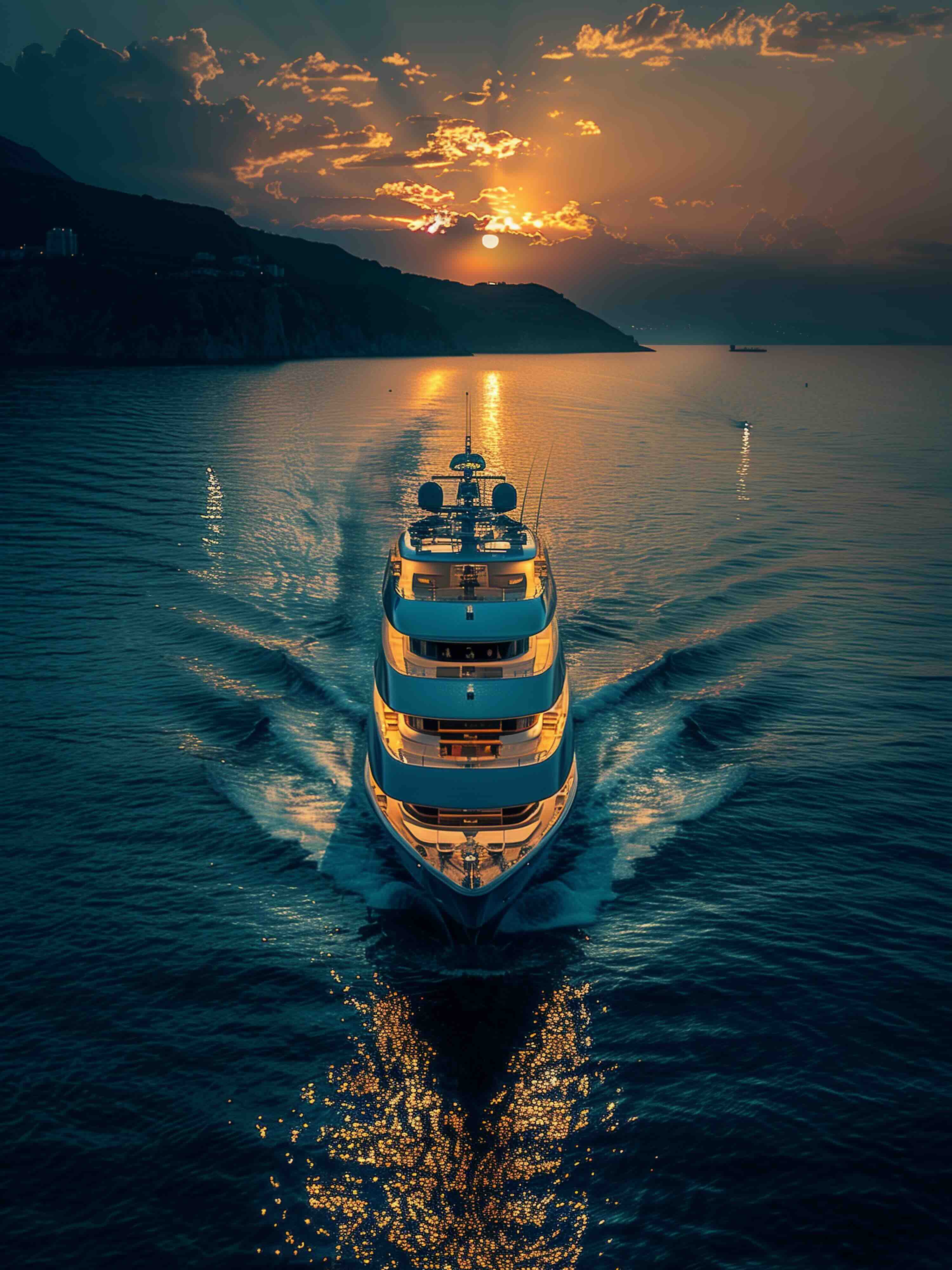 Aerial view of a sailboat in the open sea.